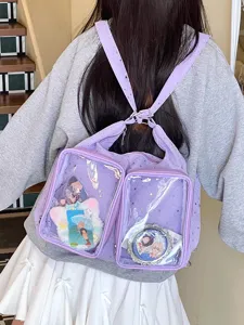 Back view of a purple star-patterned ita bag with transparent windows for anime pins