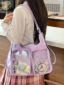 Detailed view of a purple Harajuku style ita bag with star pattern and clear windows
