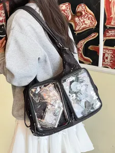 Harajuku style black star pattern ita backpack with double clear pockets for display