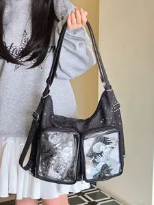 Japanese Harajuku star print itabag with transparent pockets for anime merch display.