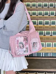 Stylish pink star pattern ita bag featuring double clear display pockets for pins and photos