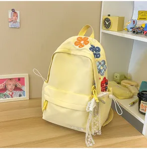Japanischer Harajuku Stil Bestickter Blumen Rucksack Grosse Kapazitaet Schultertasche