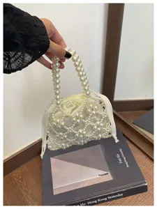 Handmade imitation pearl beaded handbag elegant bridal evening party bucket bag for women.