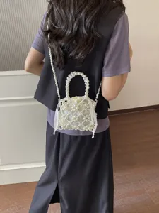 Chic Beaded Crossbody Shoulder Bag Hollow Out Handbag Mini Pearl Phone Purse Elegant Woven Satin Drawstring Clutch for Women