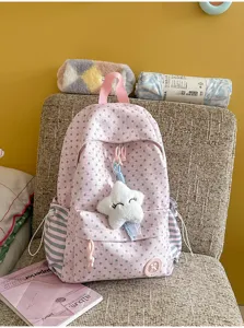 Cute pink star print backpack with plush star pendant large capacity school bag for girls