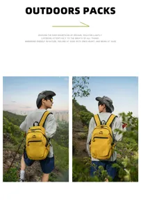 Sac à dos de randonnée jaune polyvalent présenté dans un paysage de montagne pittoresque