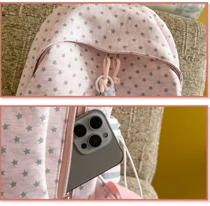Pink backpack star pattern detail view showing zipper and pocket capacity feature.