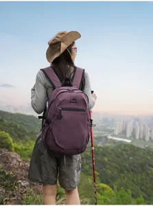 Vue d'un sac à dos de randonnée violet porté par une femme dominant la ville.