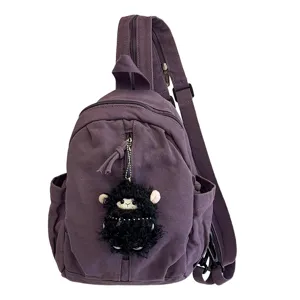 Retro gewaschener Canvas Multifunktions Rucksack lässige Brusttasche mit süßem Schaf Anhänger.