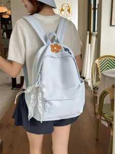 Japanischer Harajuku Stil Blumenbestickter Rucksack Große Kapazität Schultasche Hellblau