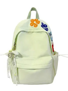 Japanischer Harajuku Stil hellgrüner Canvas Rucksack mit bunter Blumenstickerei und Schleife.
