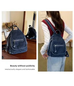 Detail views of a vintage blue washed denim backpack for women showing front and back