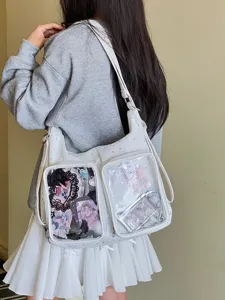 White Harajuku style star pattern Ita bag with dual transparent display windows for anime pins