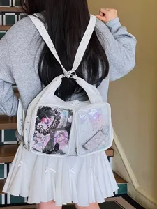 Harajuku style white star patterned ita bag with transparent display windows for girls.