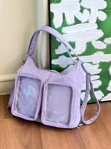 Detailed view of lavender Harajuku style ita bag with star patterns and clear windows