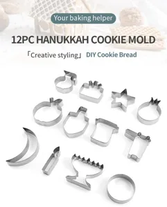 12 pieces stainless steel Hanukkah cookie cutters set for DIY baking and pastry making tools.