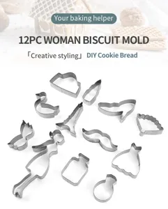 Detail shot of the 12-piece stainless steel baking biscuit mold set with various cute shapes.
