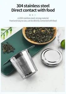 Detail shot of 304 stainless steel tea infuser with fine mesh and lid for brewing loose tea.