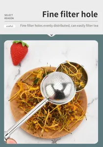 Detalle de infusor de té en acero inoxidable, con orificios finos y práctico mango.