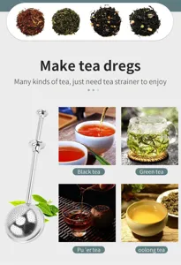 Infusor de té de acero inoxidable con detalle de filtro de té metálico retráctil.