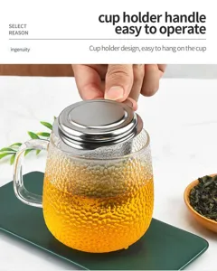 Stainless steel tea infuser filter with glass mug handle detail design for home use