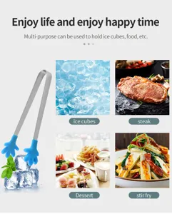 Stainless steel mini ice tong with blue silicone hand grip for kitchen and food use.