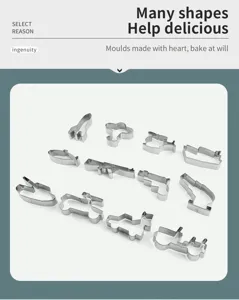 Stainless steel military theme cookie cutter set, detail view of various baking tool shapes.