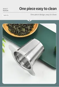 Stainless steel tea infuser with double handles and fine mesh for loose leaf tea brewing.