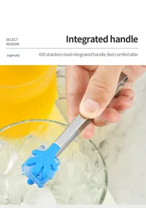 Mini stainless steel silicone ice tongs with cute palm design for coffee and bar use.