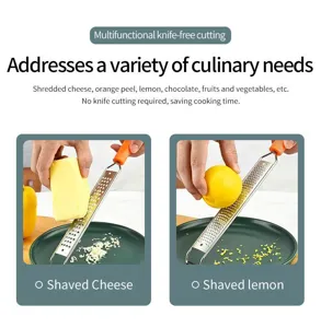 Stainless steel cheese grater and lemon zester tool for kitchen food prep and quick shredding.