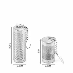Infuseur à thé en acier inoxydable avec chaîne, vue détaillée montrant les dimensions et poids.