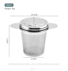Stainless steel tea infuser with double handles and lid, perfect for loose leaf tea brewing.
