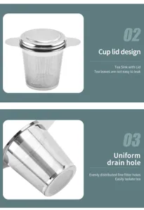 Stainless steel tea strainer with lid and fine mesh for loose leaf tea brewing.