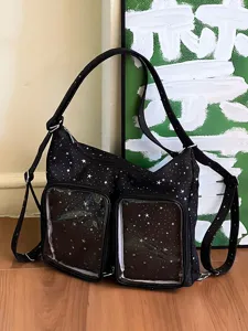 Black canvas ita bag with white star pattern and two clear transparent front pockets