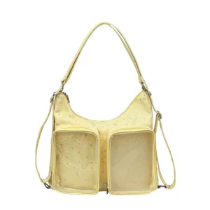 Front view of a light yellow Harajuku style star pattern ita bag with dual clear display pockets