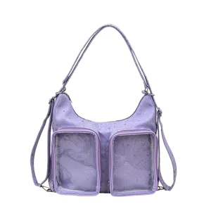Close-up of purple Harajuku style Ita bag with star pattern and transparent pockets