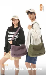 Asiatische Models präsentieren Vintage-Canvas-Umhängetaschen in Lila und Olivgrün