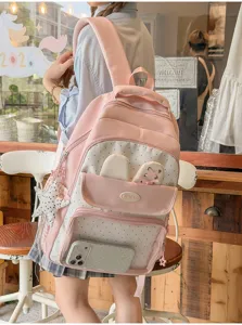 Zaino Ita-bag rosa a pois per studenti con design a orecchie di coniglio e stella