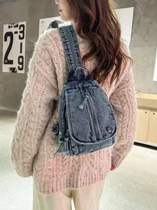 Vintage Gewaschen Denim Multi-Taschen Brusttasche Unisex Distressed Rucksack Lässig Reise Crossbody Umhängetasche Für Damen Herren
