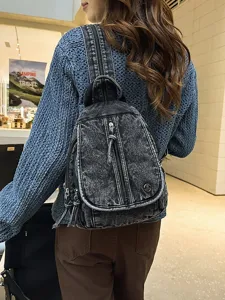 Vintage gewaschener Distressed-Denim-Rucksack für Damen, modische Mehrzweck-Freizeittasche