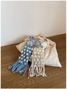 Bohemian woven phone bags with shell sequins and long fringes in blue and white