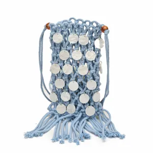 Handmade light blue macramé phone bag with tassel fringe and white shell-like discs
