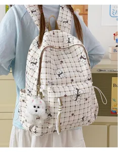 Cute plaid school backpack with cartoon bear prints and fluffy dog keychain accessory