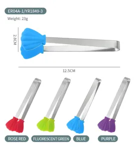 Stainless steel silicone mini ice food tong shell shaped kitchen gadget 12.5cm colorful
