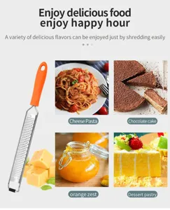 Stainless steel cheese grater with comfortable orange handle for kitchen grating and shredding.