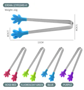 Mini stainless steel silicone hand shaped food ice tongs detail view, colorful mini tongs.
