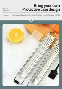 Stainless steel cheese grater detail view with protective case and cleaning brush.