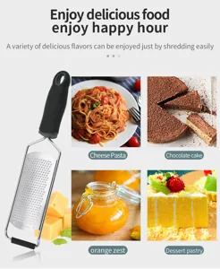 Stainless steel cheese grater and lemon zester with comfortable handle for kitchen cooking.