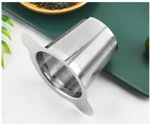 Stainless steel tea infuser detail view, fine mesh strainer with dual handles for daily use.