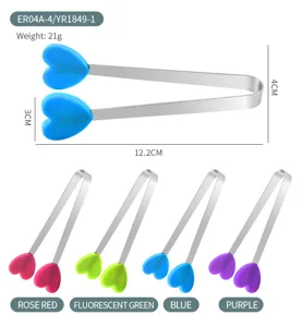 Mini stainless steel and silicone heart shaped food tongs for ice and sugar service.